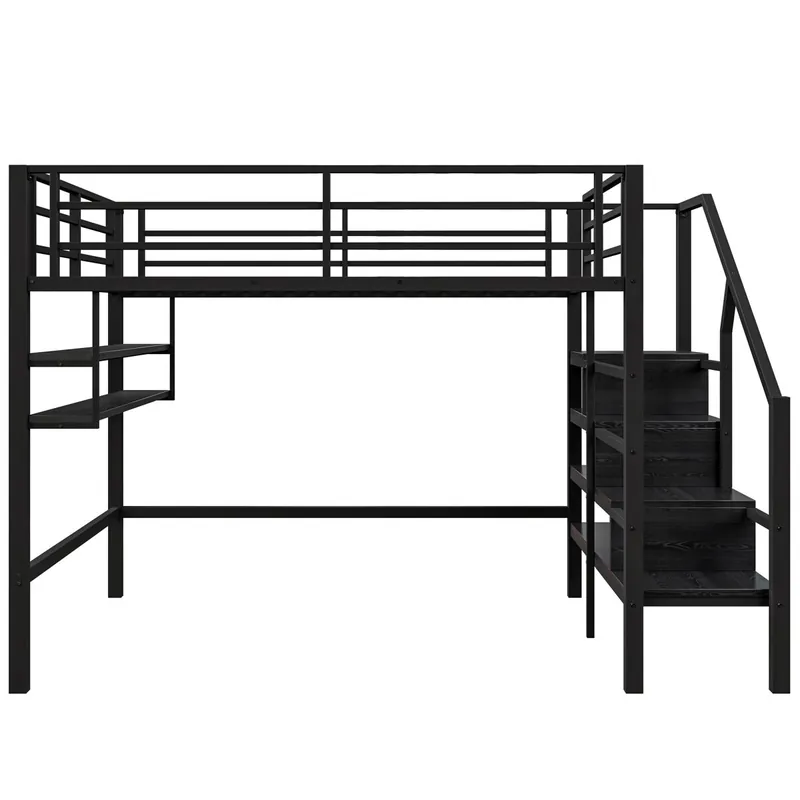 Cama alta de metal de 140x200 cm - con estante y escalera de almacenaje - Negro