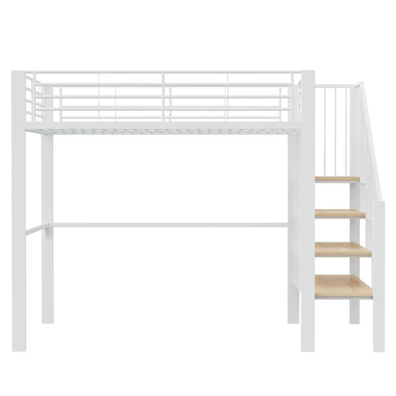 Cama alta metal 140 x 200 cm - estructura estable con amplio almacenamiento bajo la cama y escalera, ideal para niños y adultos - blanco