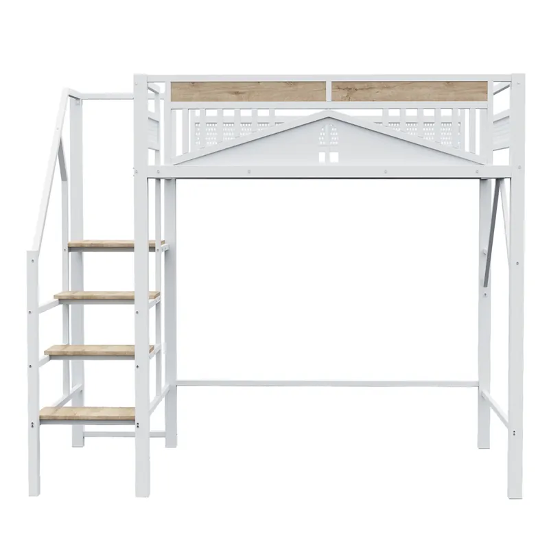 Cama alta metálica 140 x 200 cm - Diseño de caja única con ventana, con escalera de seguridad, gran espacio de almacenamiento bajo la cama - Blanco