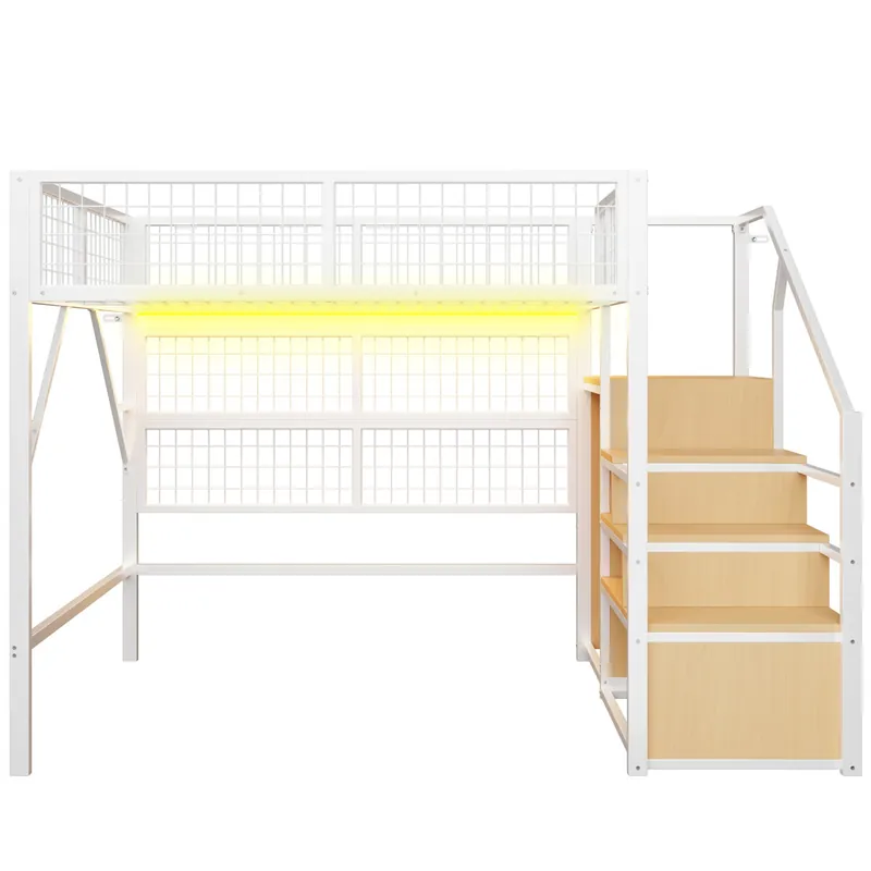 Cama alta metálica 140*200 cm - Con escalera, almacenamiento y luces LED controladas por APP - Blanco