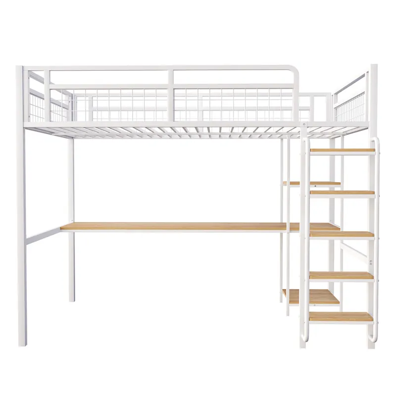 Cama alta de metal 140x200 cm - con escritorio y escalera de seguridad - Blanco