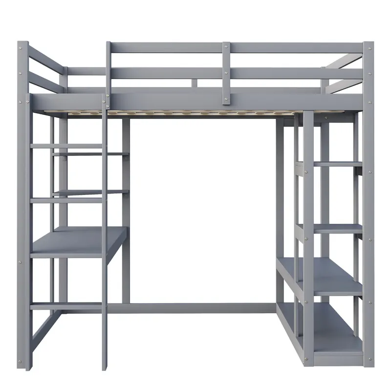 Cama alta con escalera 140*200 cm - Con mesa y estantes, con colgadores simples y almacenamiento en laminado - Blanca