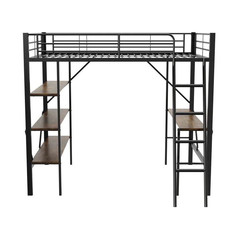 Cama entrepiso de hierro - 90x200cm - con escritorio y 3 estantes - Blanco