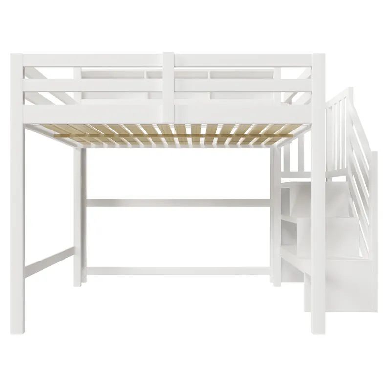 Litera 140x200 cm - con luces LED, gran espacio de almacenamiento, escalera con repisa, sin colchón - Blanco
