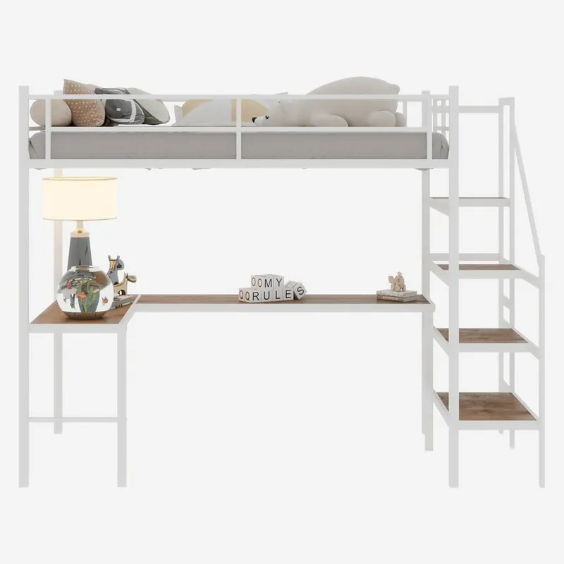 Cama alta juvenil - escritorio en L, escalera y almacenaje - blanca