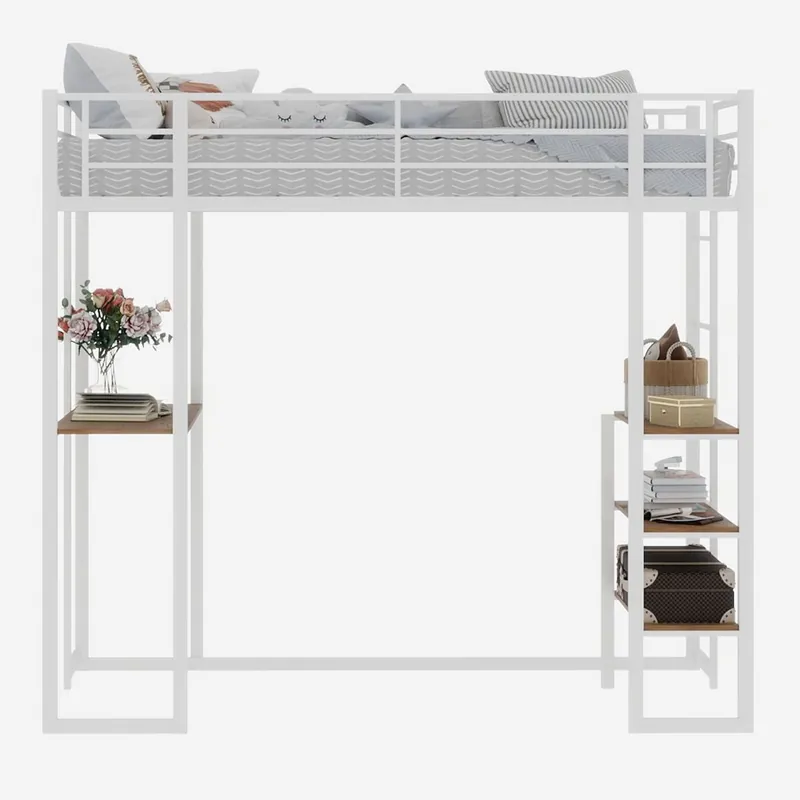 Cama infantil con escritorio L - estructura de hierro, barandilla y escalera - blanco