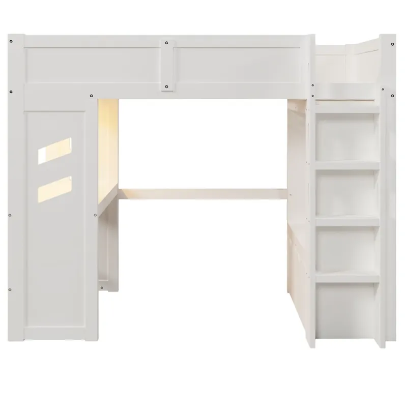 Cama alta 90x200 cm - Gaming con escritorio, LED, 1 USB, 1 tipo C, con estante, blanco