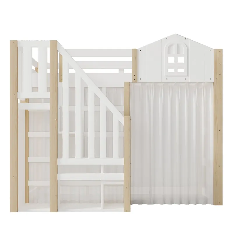 Cama loft 90x200 cm - Con luces LED, forma de ventana, escalera de almacenamiento, blanco + natural