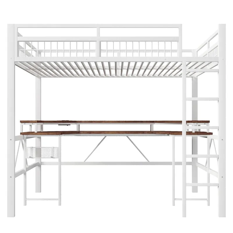 Cama alta + escritorio 140x200 cm - LED RGB, USB, Tipo-C, enchufes, panel perforado - Blanco