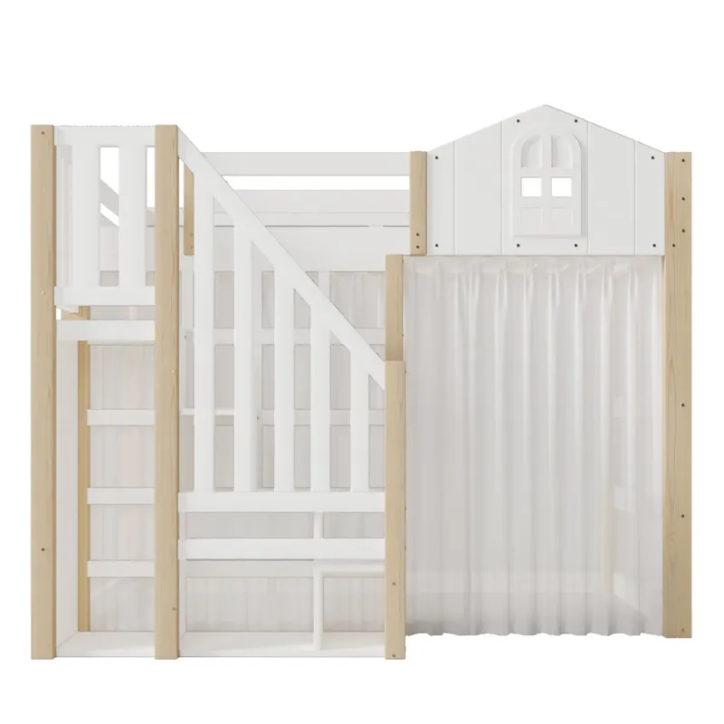 Cama alta 140x200 cm - LED, diseño con ventana, escalera con estantes y compartimento abierto, sin colchón - blanco y natural