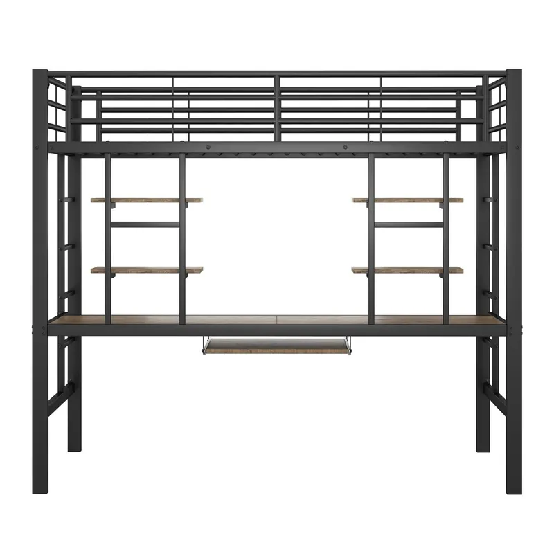 Cama alta 90x200 cm - Metal con escritorio y 2 estanterías para niños y adultos - Blanco