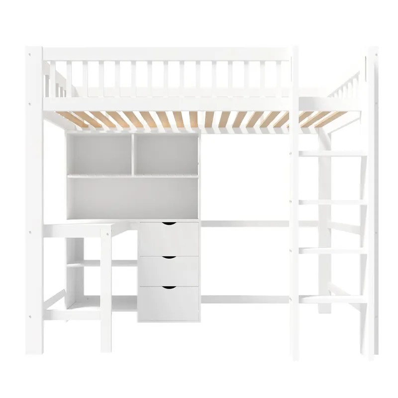 Cama alta 90x200 cm - Con estanterías, escritorio, 3 cajones, escalera - Blanca