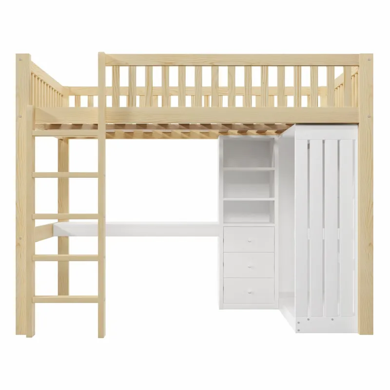 Cama alta 140x200 cm - Escritorio, armario, 3 cajones, almacenaje, barandilla, escalera - Natural