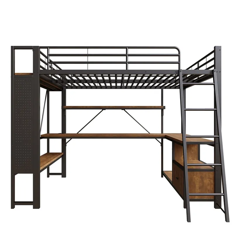 Cama alta 140x200 - estructura metal, LED, escritorio, estantes, almacenaje, USB - Blanco