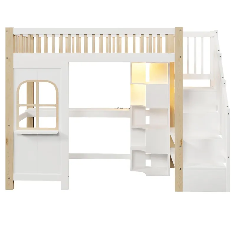 Cama alta 90x200 cm - Con luces LED, ventana, escalera con almacenamiento, escritorio, enchufe - Blanco+Natural