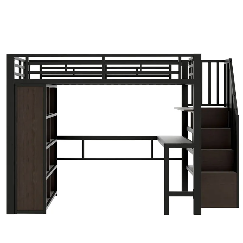 Cama alta 140x200 - Estructura de hierro, escritorio, estante, LED, escalera con almacenamiento - Negro
