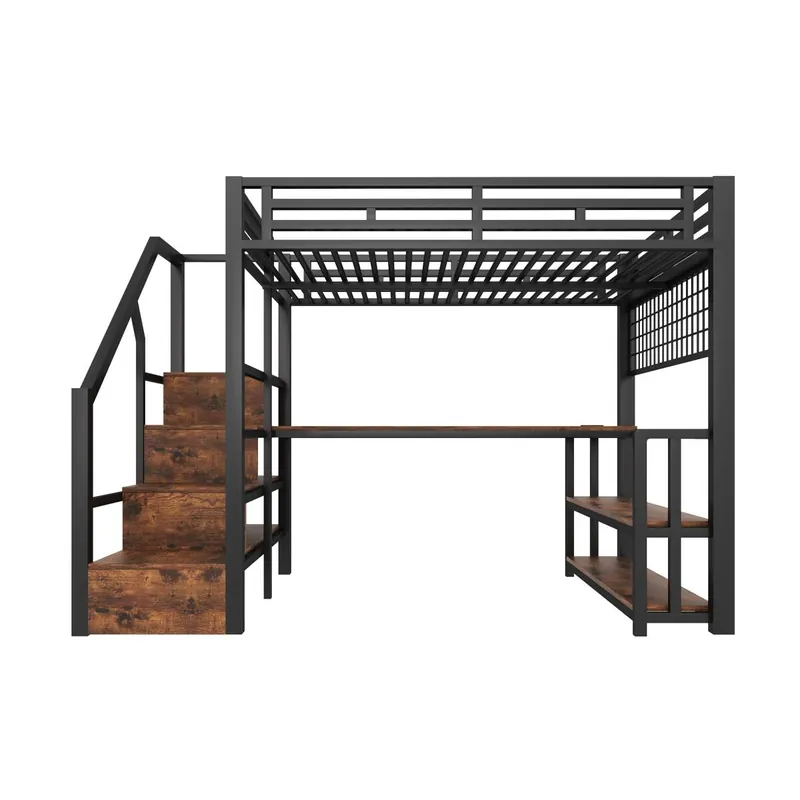 Litera alta 140x200 - estructura metal, estantería, escritorio, LED, USB, Tipo-C - Blanco