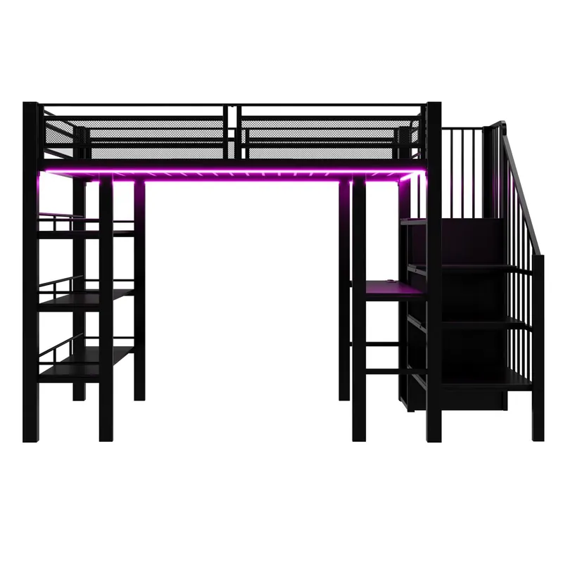 Cama alta 90x200 - con luz LED, enchufe, estante y biblioteca - Blanco