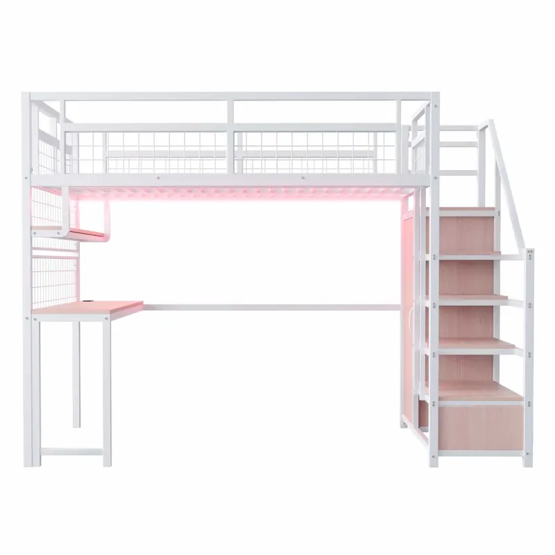 Cama alta metálica 140 x 200 cm - con escalera de almacenamiento, armario, estantes, mesa, estantería de red, tira de luz y enchufe - blanco