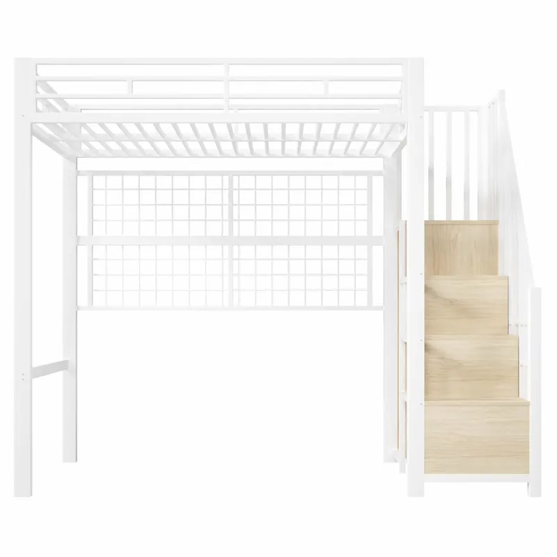 Cama alta 90x200 cm - estructura de hierro, armario integrado, escalera con almacenamiento, rejilla para colgar objetos, espacio libre inferior, luces LED 7 colores, sin colchón - blanco