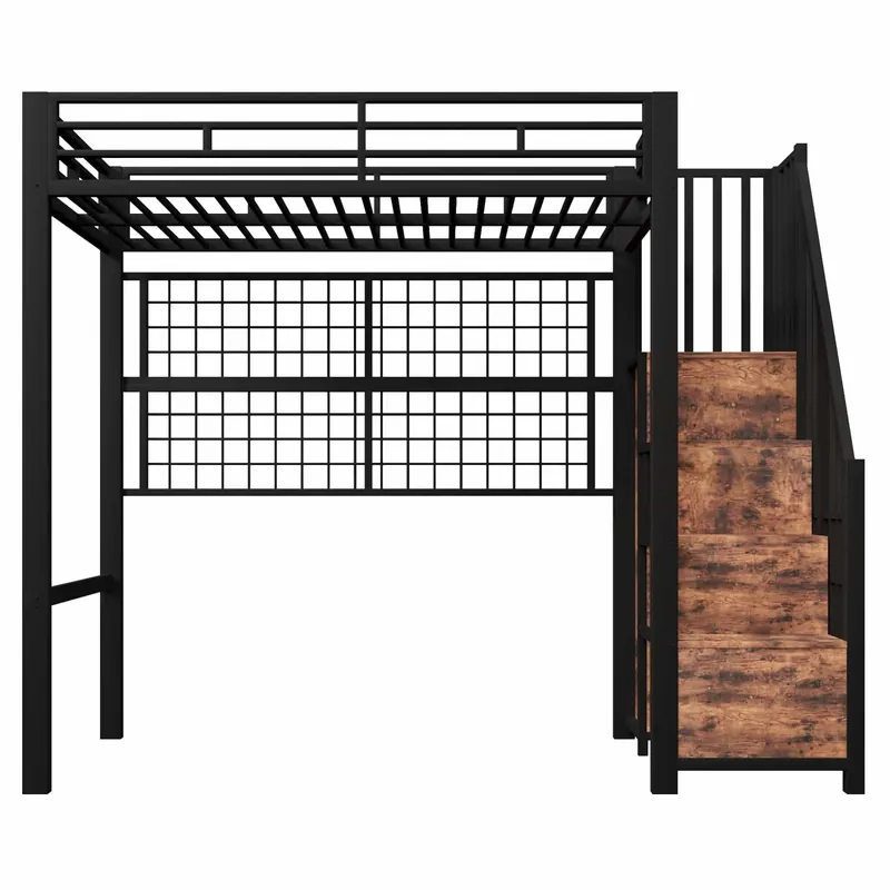 Cama alta 90x200 cm - estructura de hierro, armario integrado, escalera con almacenamiento, rejilla para colgar objetos, espacio libre inferior, luces LED 7 colores, sin colchón - blanco