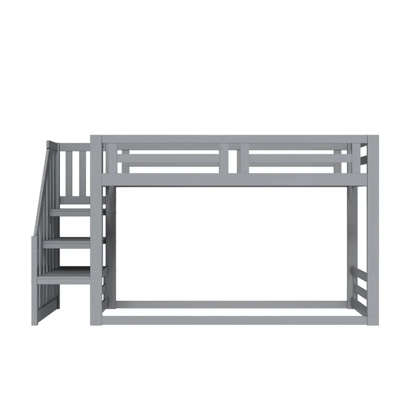 Cama infantil 90x200 cm - Litera baja con escalera de seguridad - Estructura de madera maciza - Gris