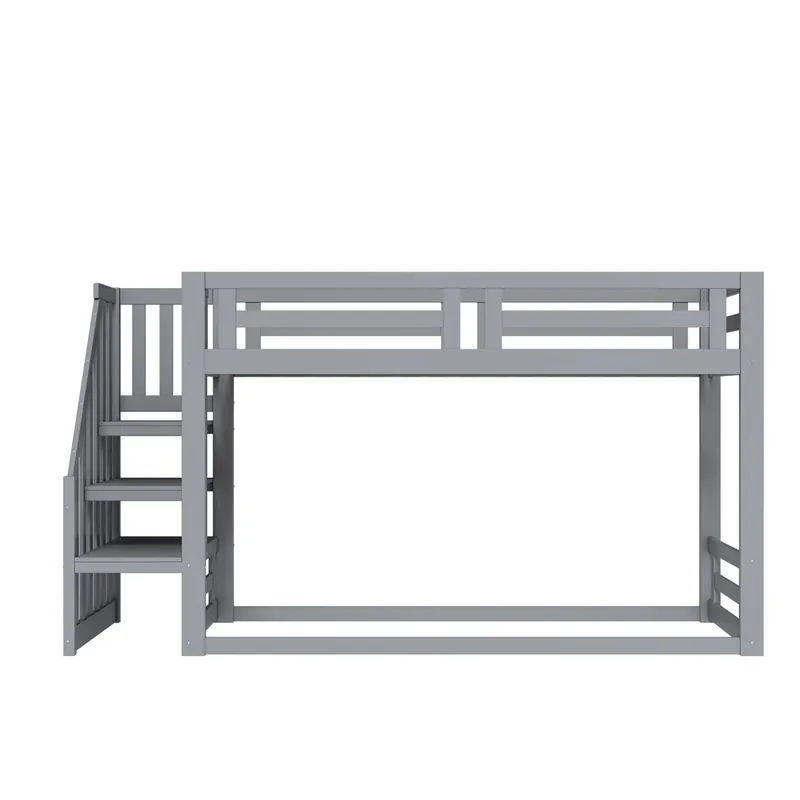 Cama infantil 90x200 cm - Litera baja con escalera de seguridad - Estructura de madera maciza - Gris