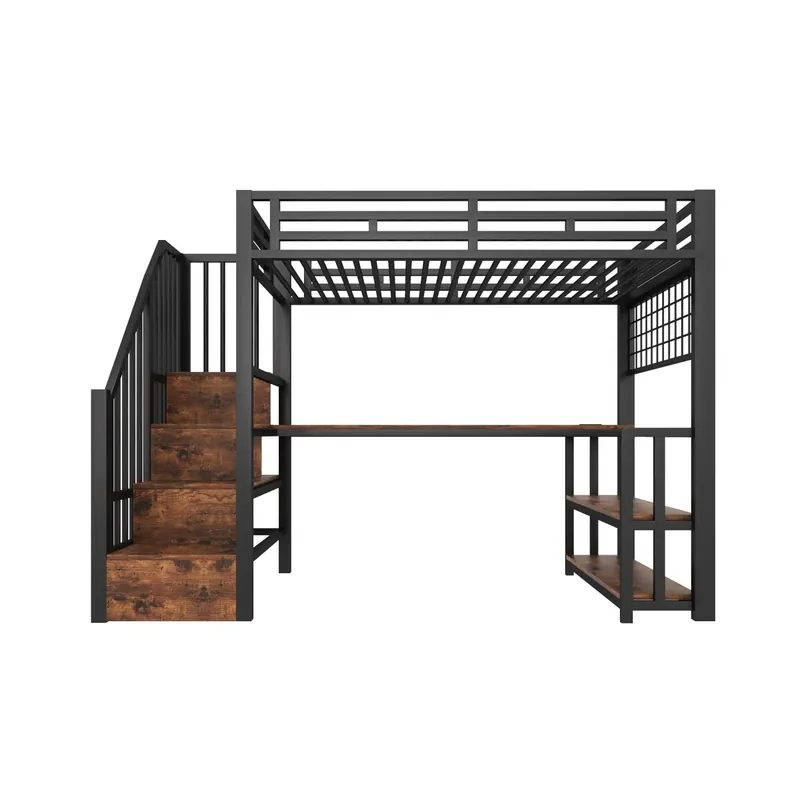 Cama alta 90x200 cm - Marco de hierro, escritorio, LED, almacenamiento, USB - Negro