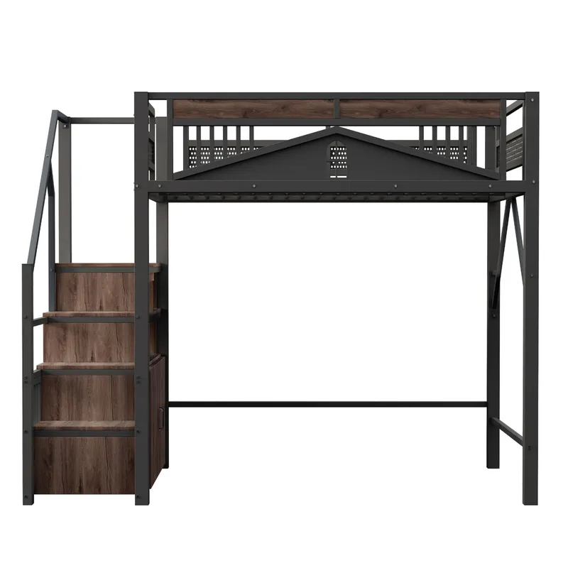 Cama alta metálica 140 x 200 cm - Con estructura de seguridad con ventana y escalera con armario - Blanco