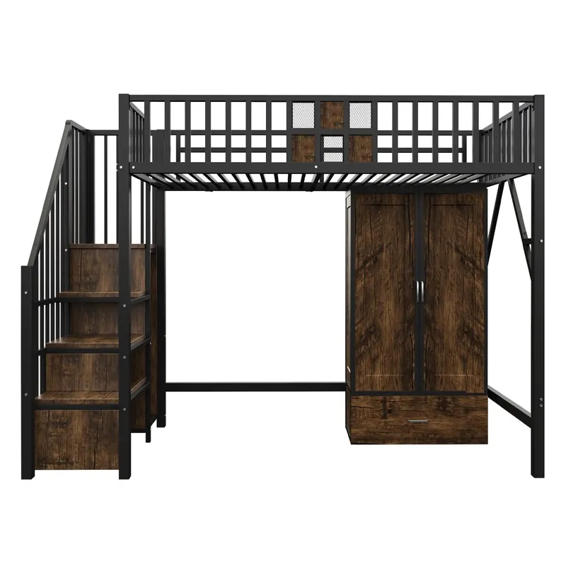 Cama alta metálica 90x200 - Diseño con barandilla de madera y rejilla metálica, con armario, cajones y escalera de almacenamiento, Negro