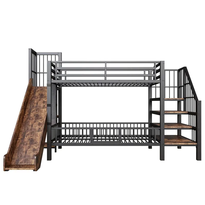 Cama alta infantil metálica 90x200 - con tobogán y escalera con almacenaje - blanco