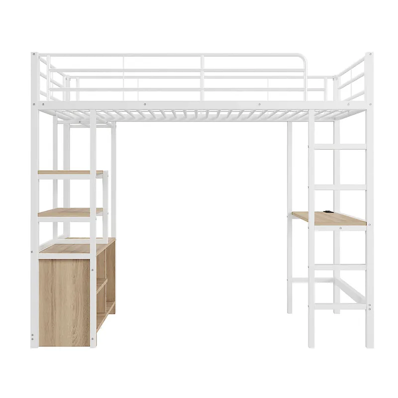 Cama altillo de metal 90x200 cm - con escritorio + tomas USB + barreras - Negro