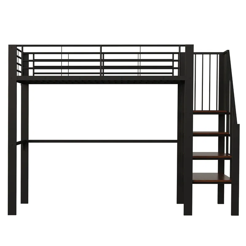 Cama alta metal 90 x 200 cm - estructura estable con amplio almacenamiento bajo la cama y escalera, ideal para niños y adultos - negro