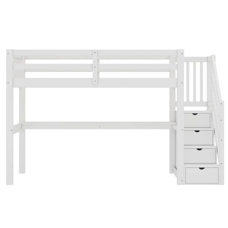 Cama alta 90x200 cm - Cama infantil con cajones de almacenamiento y escritorio bajo la cama - Blanco