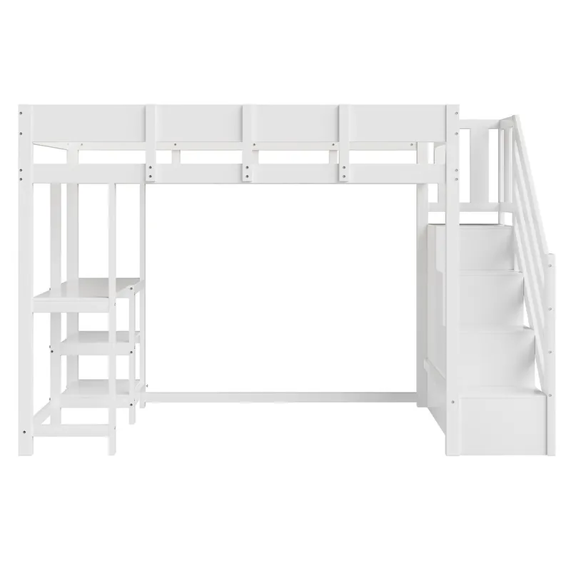 Cama alta multifuncional 90x200 cm - con almacenamiento, estructura de madera maciza de pino, con somier, para niños y adolescentes - Blanco
