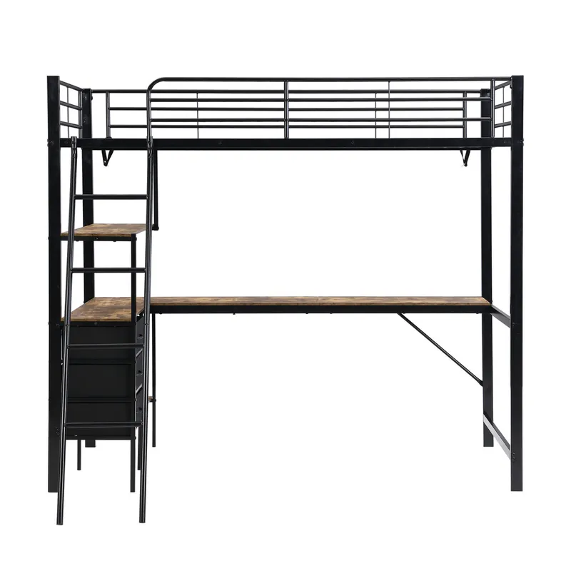 Litera, 90x200cm - Tres cajones, Mesa de 2m, Escalera inclinada de 4 peldaños - Negro + Nogal oscuro