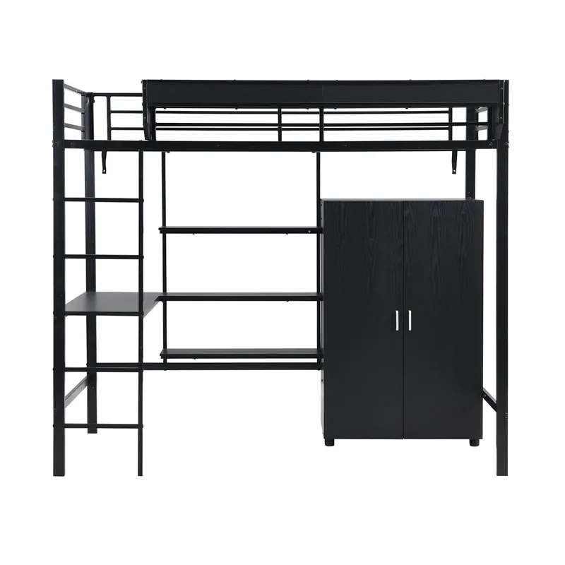 Cama litera 90x200cm - Con mesa y armario, con 5 escalones, estructura de metal y tablero de partículas - Negra