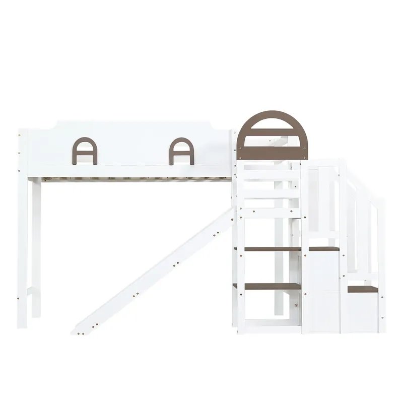 Cama litera 90x200cm - Con ventana, con tobogán, escalera con barandilla, 2 cajones en la escalera, diseño versátil, gran capacidad de almacenamiento - Blanco+Madera