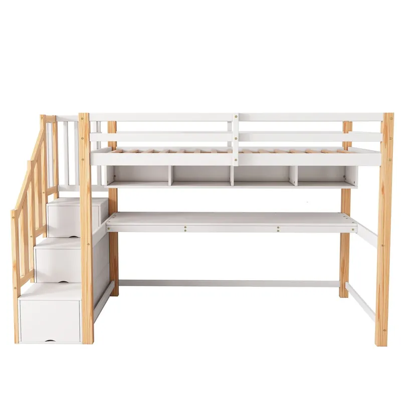 Cama alta infantil 90x200 - Escritorio grande, estantes, colores naturales y blancos - Madera maciza