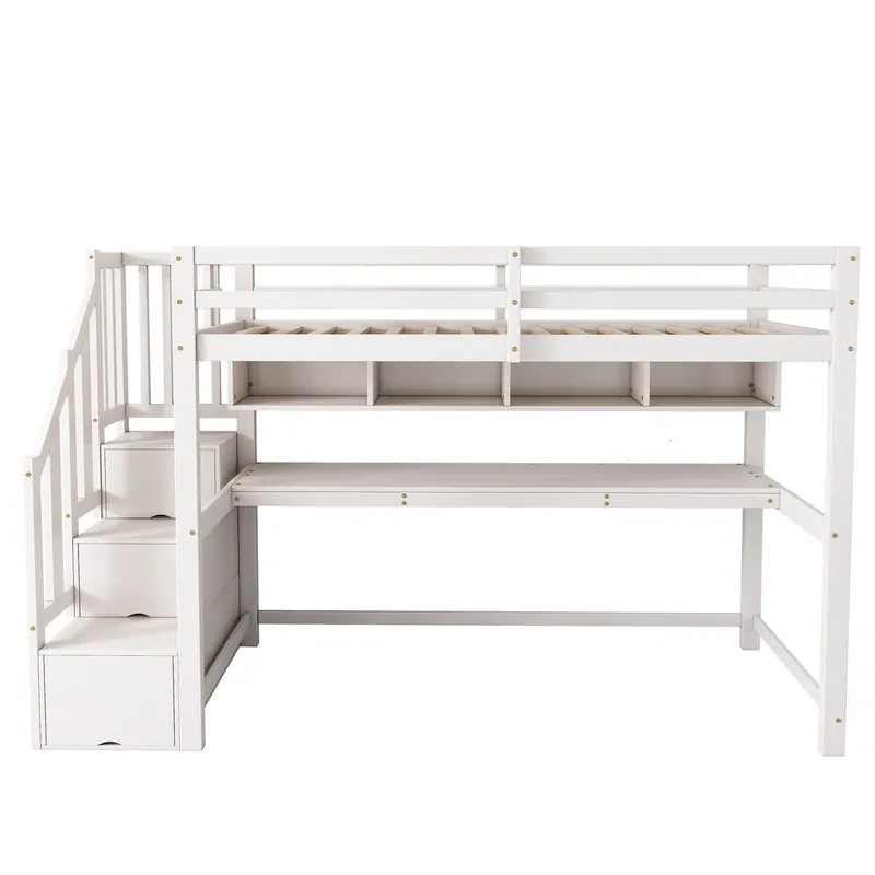 Cama alta infantil 90x200 - con escalera y escritorio, estantes, madera maciza+MDF - Blanco