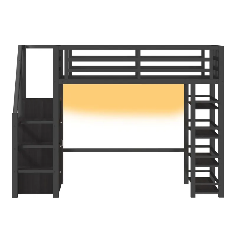 Cama alta metálica 140x200 - con estanterías, armarios, LED - Negro