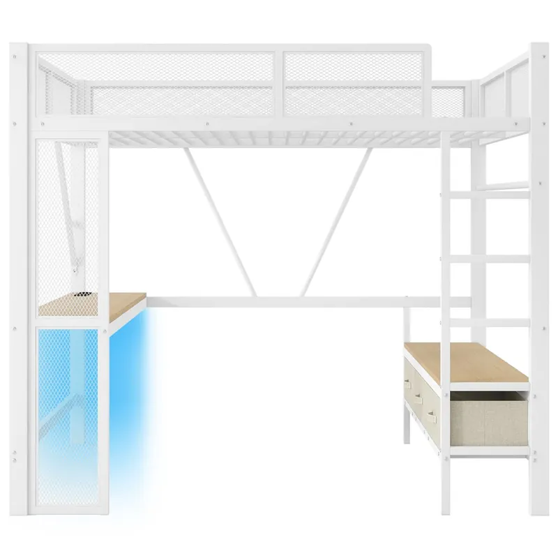 Cama alta infantil 140x200 - Metal, LED, USB, escritorio, armario abierto, 3 cajones - Blanco
