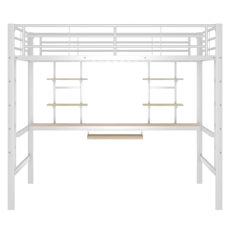 Cama alta 140x200 - con escritorio y 2 estanterías, metálica - blanca