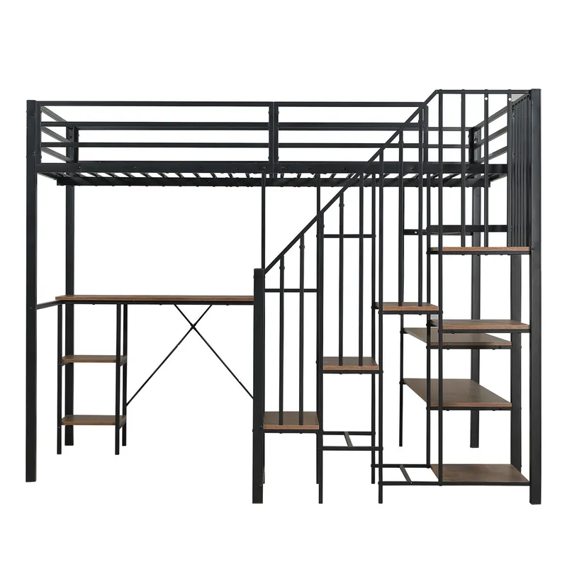 Cama litera 120x200cm - Con armario de esquina, mesa, estante y ropero abierto - Negro + Madera vintage