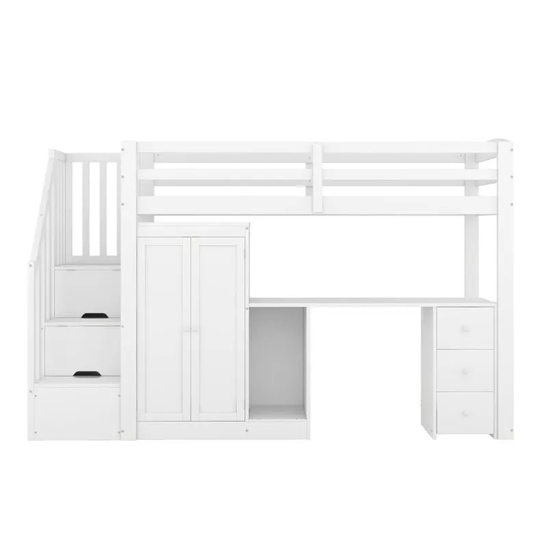 Cama alta 90x200 cm - Con somier, sin colchón, con armario, escalera, escritorio y cajones - Blanco