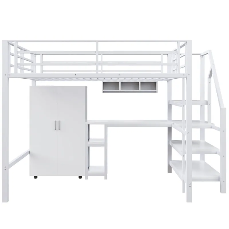 Cama alta de metal de 140x200 cm - con escritorio, armario y escalera de almacenaje - Blanco