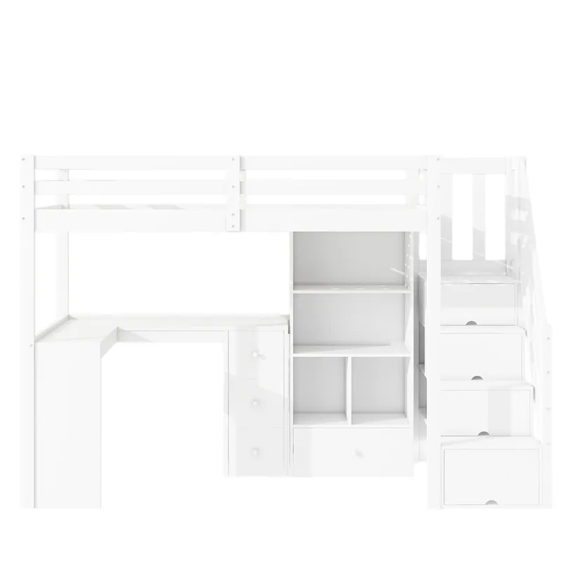 Cama alta de madera de 90x200 cm - con escritorio y múltiples espacios de almacenaje - Blanco