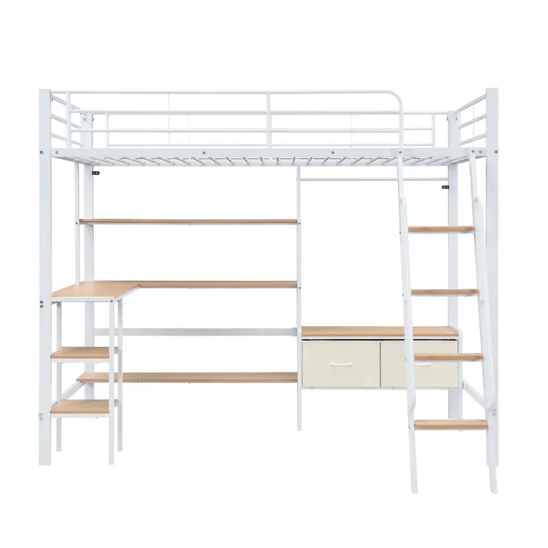 Cama loft 90x200cm - Incluye 2 cajas de almacenamiento, escritorio, estante, escalera inclinada - Blanco+Natural