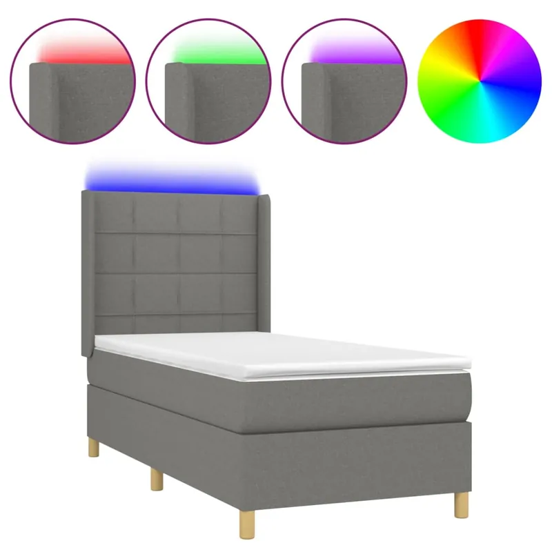 Cama box spring colchón y luces LED tela gris claro 100x200 cm Bloques con cuadros - Descanso