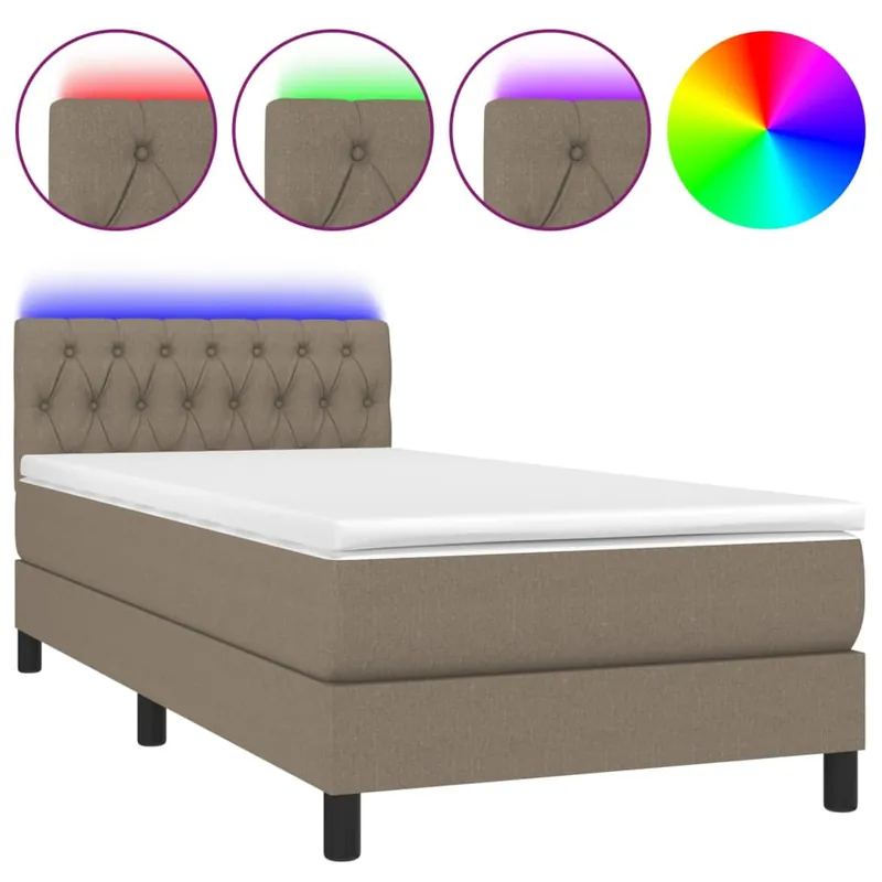 Cama box spring colchón y luces LED tela gris taupe 100x200 cm Diseño de botones - Descanso